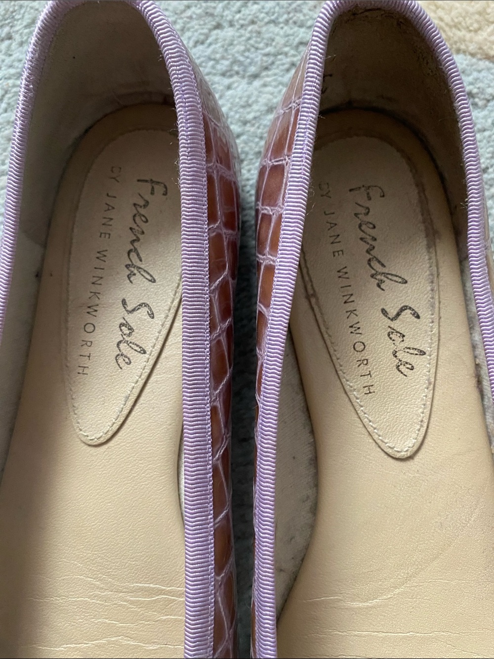 French Sole Brown Croc Ballet Flats with Lilac Trim - Picture 3 of 15